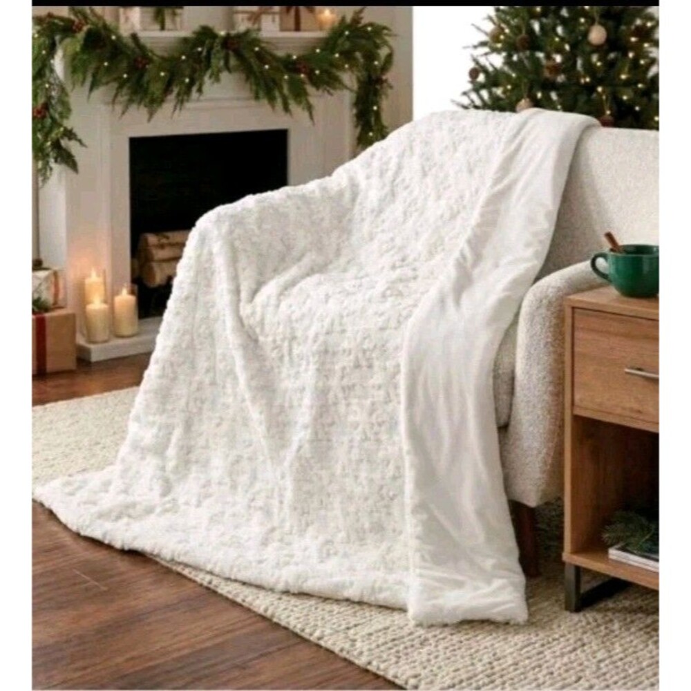 Northwest Holiday Embroidered Faux Fur Throw 60" X 70", Snowflakes